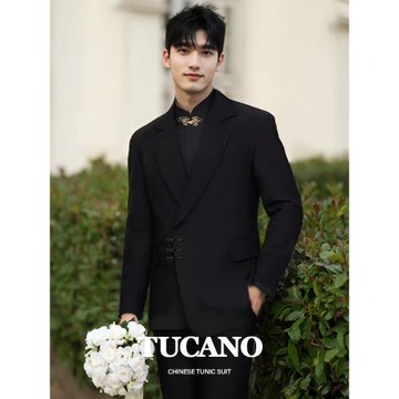 啄木鳥國風新中式男士盤扣高級感寬松西服訂婚宴會通勤西裝套裝潮
