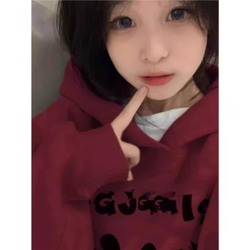 美式酒紅色連帽衛衣女童秋冬季2025新款中大兒童寬松百搭加絨上衣