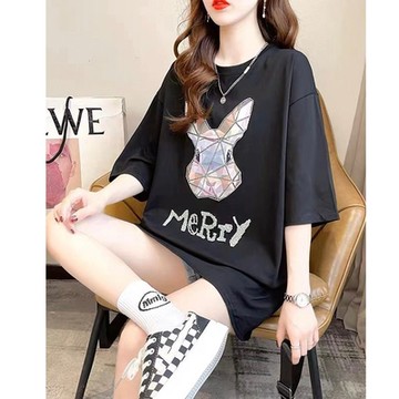 BBHONEY 韓系拼繡釘鑽兔子英文短袖棉T