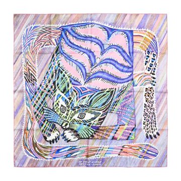 Hermes 愛馬仕 Le Chat Carre scarf 90 貓咪真絲方巾(粉紫/粉)