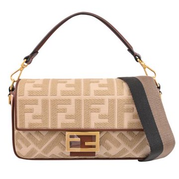 FENDI Baguette 電繡LOGO滿版印花手提肩背兩用法棍包(卡其)