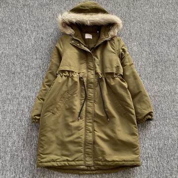 出口原單 秋冬中長款夾棉連帽風衣 可收腰顯瘦棉服外套軍綠色棉衣