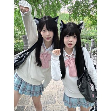 原創JK制服純色V領毛衣女疊穿校供感甜妹套頭針織衫璃海格裙套裝