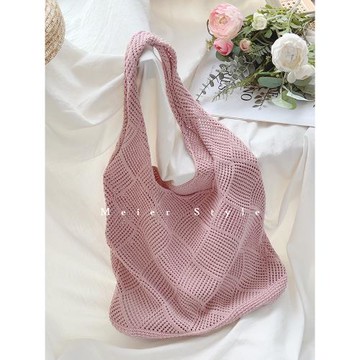 韓風ins簡約鏤空編織包毛線針織包大容量托特包單肩包休閑購物袋