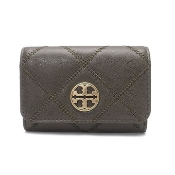 【TORY BURCH】菱格紋皮革卡夾零錢包-岩石灰
