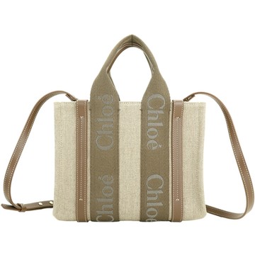 CHLOE Woody 蔻依 小型 字母刺繡織帶亞麻帆布手提/斜背托特包(墨綠皮革)