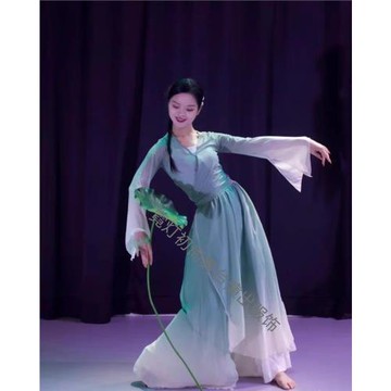 新款漢唐舞醉清波舞蹈服入蓮間兒童古典折扇舞綠羅裙中國風演出服