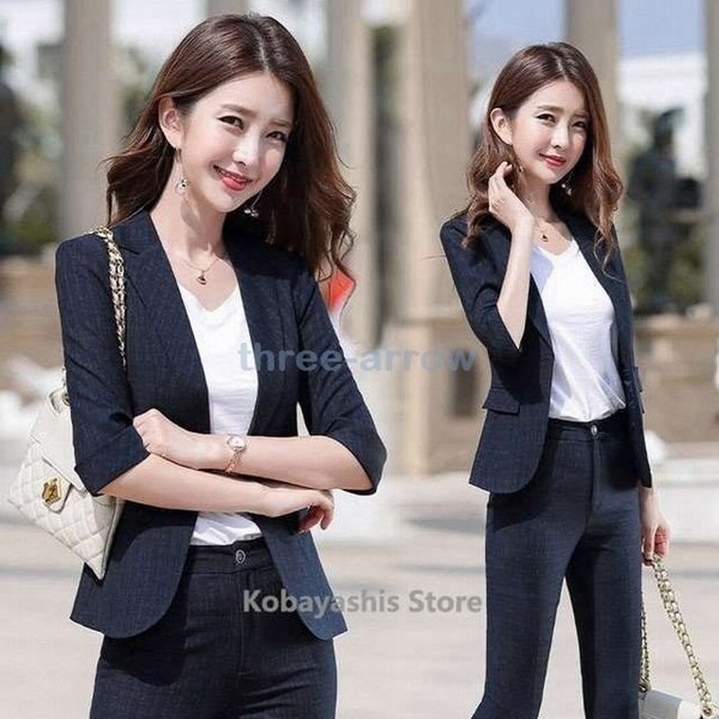 2点セットパンツスーツレディース通勤olオフィススーツネイビーベージュチェック柄スーツ細身着痩せ7分袖テーラードジャケット夏 通販 Lineポイント最大get Lineショッピング