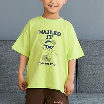 日本 petit main - 100%棉 幽默印花短袖上衣-拍照比YA-亮黃