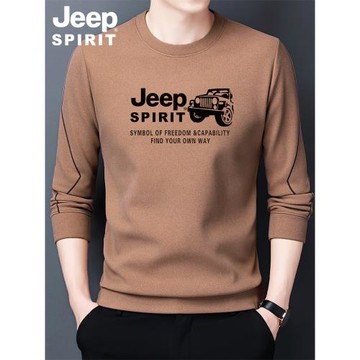 JEEP吉普圓領長袖T恤男士純棉衛衣男春秋薄款秋衣打底衫大碼T恤男