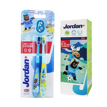 【JORDAN】2入裝6~9歲 換牙期專用 兒童牙刷-軟刷毛+青蘋果牙膏組(挪威品牌 DOGA設計大獎 顏色隨機出貨)