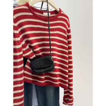 初秋韓系安哥拉紅色條紋套頭毛衣女絕美穿搭單穿針織衫長袖打底衫