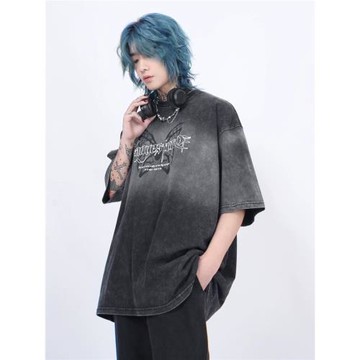 Mz 重磅做舊水洗高街短袖T恤男小眾潮牌oversize寬松美式街頭上衣