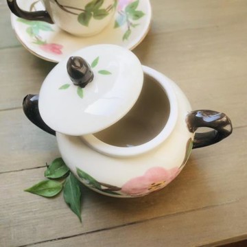 外貿陶瓷咖啡具糖缸釉下彩手繪描把設計立體雕花糖罐調料罐老貨