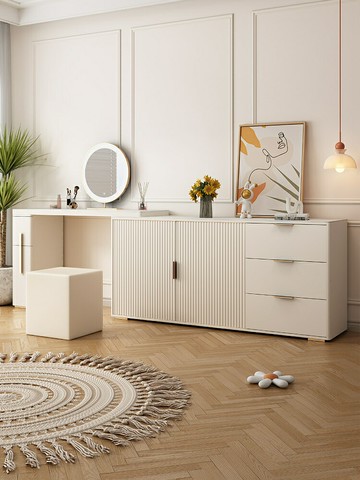 優樂悅~夏邦輕奢奶油風巖板梳妝臺收納柜一體臥室現代簡約小戶型化妝桌子