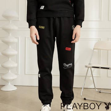 PLAYBOY - 不規則刺繡空氣層長褲 - 黑色/642-031-09-8