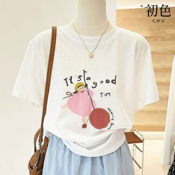 初色 韓系圓領短袖卡通字母印花寬鬆打底T恤上衣女上衣-共3色-19329(M-3XL可選)