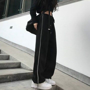 黑色運動褲女褲夏季薄款寬鬆大碼束腳褲子 春秋ins潮直筒休閒衛褲  棉質運動褲 束腳褲 經典運動褲 黑色長褲