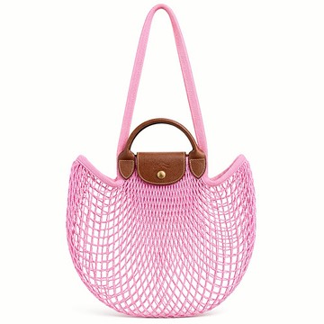 [平輸版]LONGCHAMP LE PLIAGE FILET系列網狀棉質手提/肩背兩用包(莓粉)真品平輸