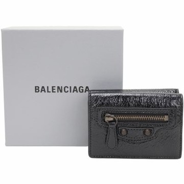 BALENCIAGA 巴黎世家 Le City Arena Storico揉製羊皮三折迷你短夾(黑色)