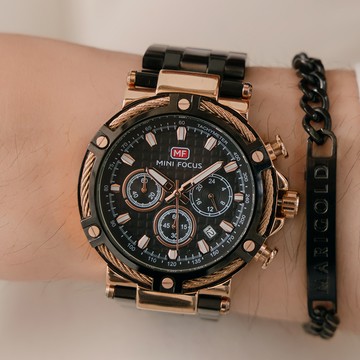 MINIFOCUS時光愛語真三眼日期顯示金屬鍊帶手錶【WMF0470】-黑面黑帶