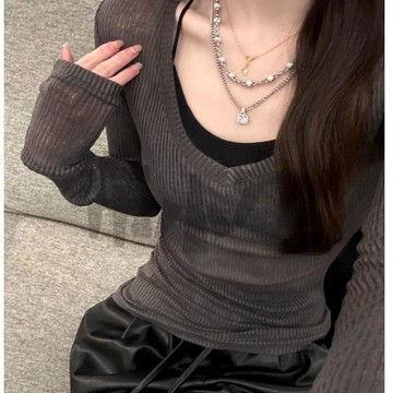 【佈小九】美式V領長袖t恤女 夏季 薄款內搭防曬打底衫 透氣 長袖防曬上衣 防曬罩衫女 大尺碼罩衫 薄款防曬罩衫 女裝