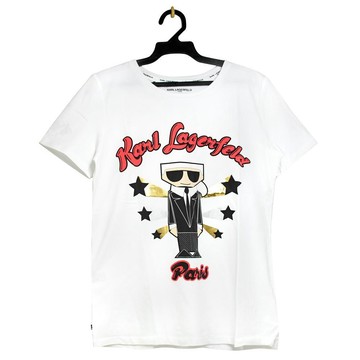 KARL LAGERFELD 卡爾 懷舊LOGO卡爾公仔棉質短T恤.白