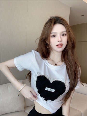 重工愛心燙鉆印花短袖t恤女夏季新款高腰短款露臍心機上衣