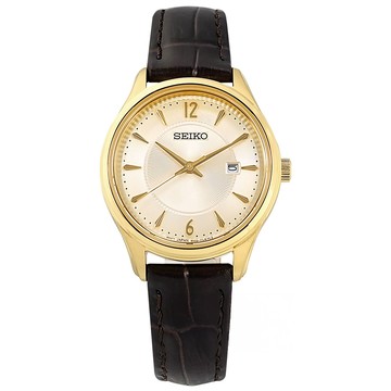 SEIKO / SUR478P1 / 藍寶石水晶玻璃 日期 壓紋真皮手錶 銀白x金框x深褐色 30mm
