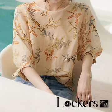 【Lockers 木櫃】高級洋氣印花絲質泡泡袖襯衫L113062605