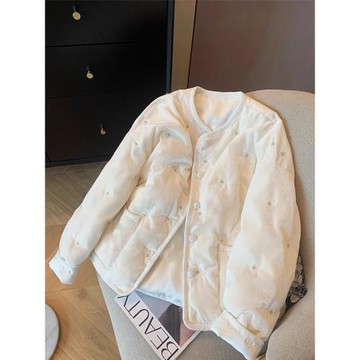 新中式國風白色花朵刺繡盤扣棉服女2024冬季新款重工加厚保暖棉衣
