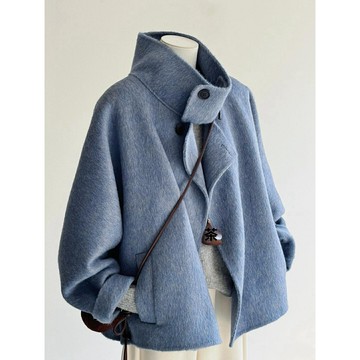 【高級感短款】呢子大衣 毛呢外套 女裝外套 冬季外套 短款大衣 藍色毛呢 大碼女裝 顯瘦百搭 通勤約會穿搭