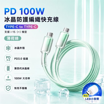 PD 100W 冰晶防護編織快充線 薄荷綠【買就送USB LED小夜燈】_廠商直送