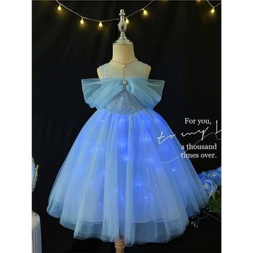女童愛莎公主裙夏季會發光艾莎禮服長裙兒童洋氣吊帶蓬蓬網紗裙子