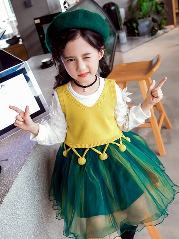 女童連衣裙 新款秋裝長袖毛衣裙洋氣女孩裙子蕾絲網紗公主裙1入