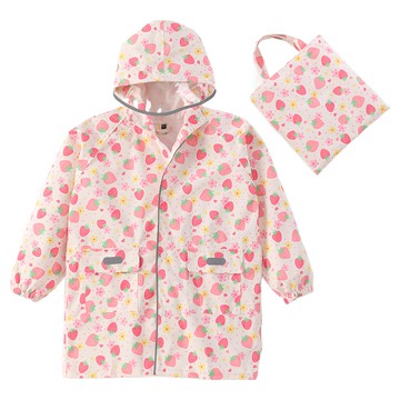 愛北鼻 兒童加厚加強防水雨衣 加高領口防水 附贈收納袋  花花小草莓 粉色  140~150cm