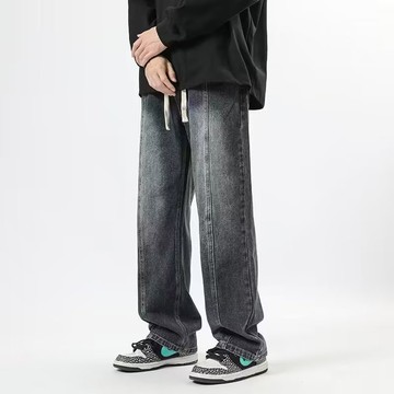 【HOT 本舖】男装Quần jeans ống rộng 美式復古抽繩鬆緊腰牛仔褲男