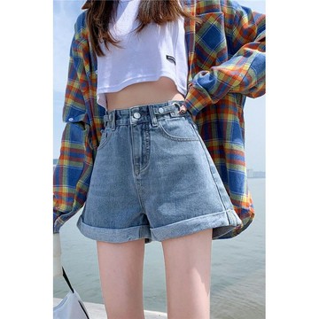 HK🌼韓版短褲 高腰牛仔短褲 卷邊短褲女 高腰短褲 闊腿褲  牛仔褲 顯瘦 反折  復古 休閒短褲 運動短褲 熱褲