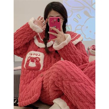 娃娃領睡衣女款可愛冬季天珊瑚絨加厚三層夾棉襖法蘭絨家居服套裝