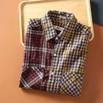 春季新款日式復古拼色格子襯衫青年男士高街港風休閑翻領長袖襯衣