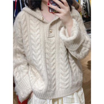 冬季裝加厚浣熊絨毛衣外套連帽麻花寬松小個子奶fufu針織衛衣外穿