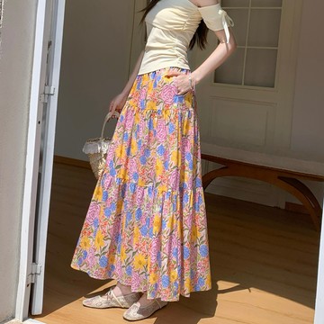 油畫風印花半身裙女中長款拼接蛋糕裙減齡花朵A字傘裙