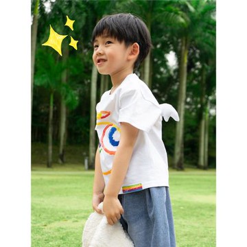 CLP原創白色涂鴉印花天使立體翅膀T恤兒童童裝短袖寬松純棉親子裝