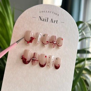 𝕌ℕ𝕀𝕂𝕆𝕆【紅波點】 純手工穿戴甲 紅波點蝴蝶結 法式魔鏡粉秋冬 美甲 穿戴甲 指甲貼片