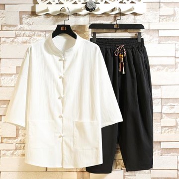 亞麻短袖t恤男夏季薄款冰絲套裝中國風男裝潮牌復古唐裝搭配一套