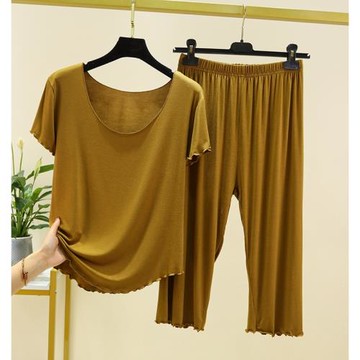 短袖睡衣女夏季七分褲薄款冰絲涼感兩件套簡約日系莫代爾棉家居服