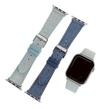 Apple Watch 全系列通用錶帶 蘋果手錶替用錶帶 外層牛仔布紋 內層真皮錶帶 天空藍/藍色