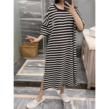 日系過膝短袖睡裙女薄純棉卡通睡衣大碼胖mm200斤顯瘦條紋家居服