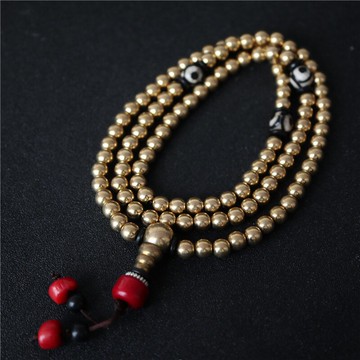 藏傳實心純銅圓珠佛珠念珠手串項鏈藏式民族風實心黃銅佛珠念珠1入