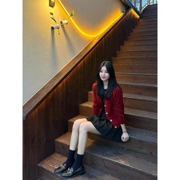 氣質休閑紅色百搭毛衣女春秋新款復古小個子寬松顯瘦針織開衫外套